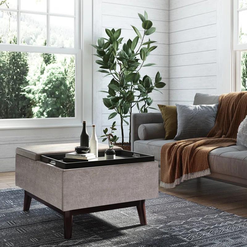 Simpli Home Owen 34"W Small Upholstered Coffee Table Storage Ottoman with Flip-Over Tray Top and Solid Wood Legs