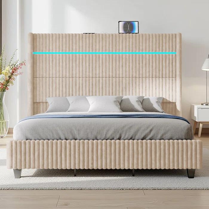 Ivy Bronx LED Bed Frame, Corduroy Upholstered Platform with 60" Tall Headboard & Charging Station