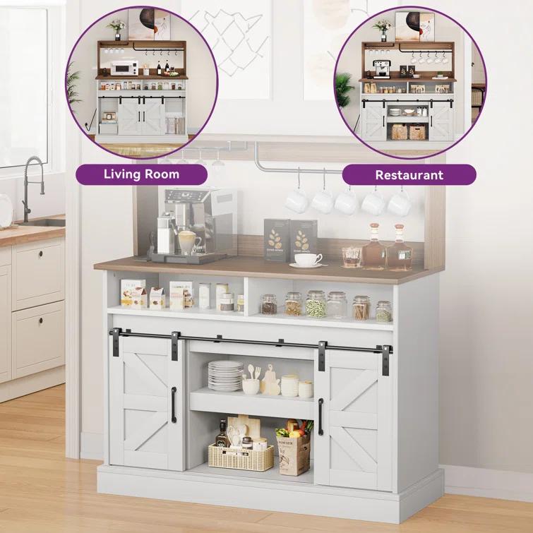 Gracie Oaks Gracie Oaks Farmhouse Coffee Bar Cabinet with Power Outlets, Goblet Holder & Sliding Barn Doors