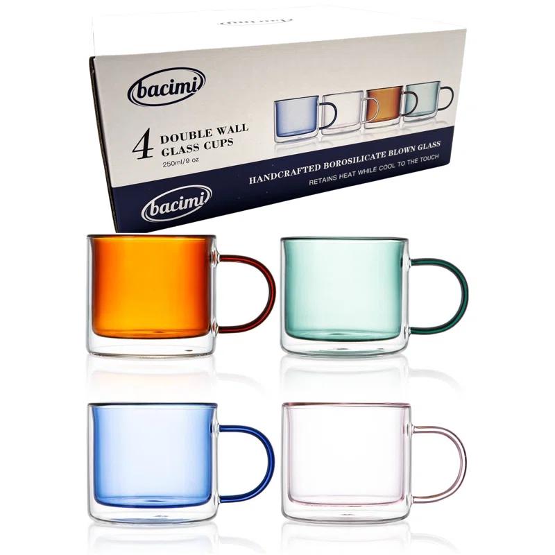 bacimi Bacimi Double Wall Insulated Coffee Mugs (set Of 4 / 9oz) - Clear Borosilicate Mug With Handle - Thermal Drinking Cups For Espresso, Cappuccino, Latte, Tea (Set of 4)