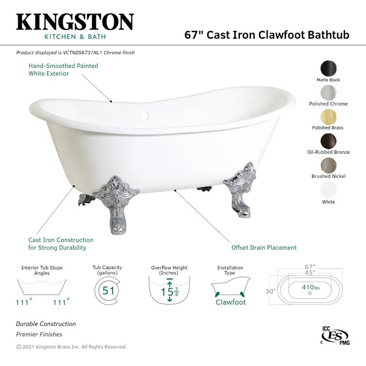 Kingston Brass Kingston Brass Aqua Eden 67-Inch Cast Iron Oval Double Slipper Clawfoot Tub (No Faucet Drillings) VCTNDS6731NL1