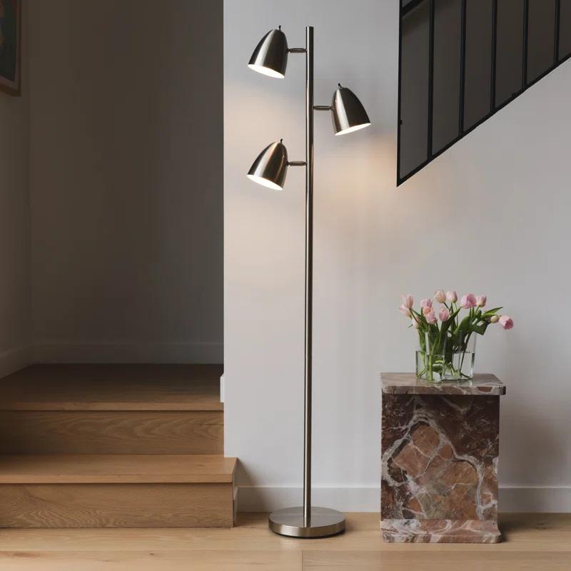 Brightech Jacob 64" Modern 3-Light Adjustable LED Floor Lamp with Silver Finish and Metal Cone Shades, Bulbs Included