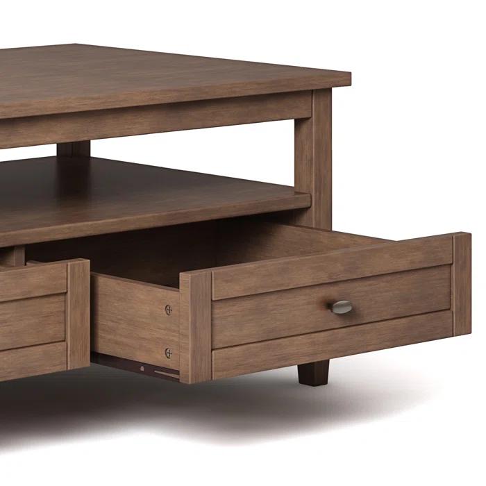 Simpli Home Warm Shaker 48"W Solid Wood Coffee Table with Two Storage Drawers and Open Shelf