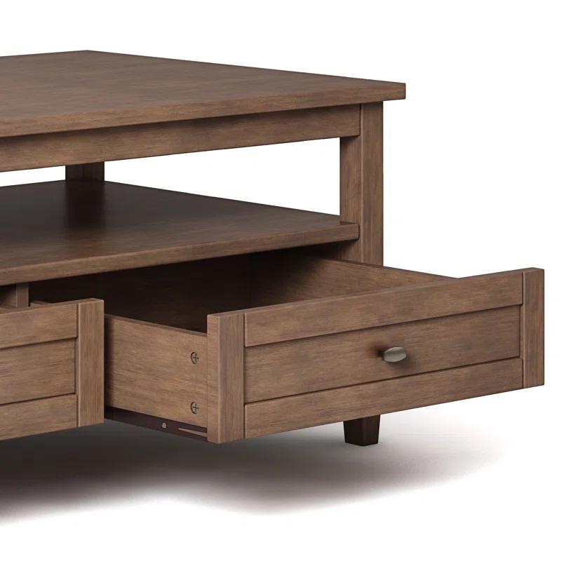 Simpli Home Warm Shaker 48"W Solid Wood Coffee Table with Two Storage Drawers and Open Shelf