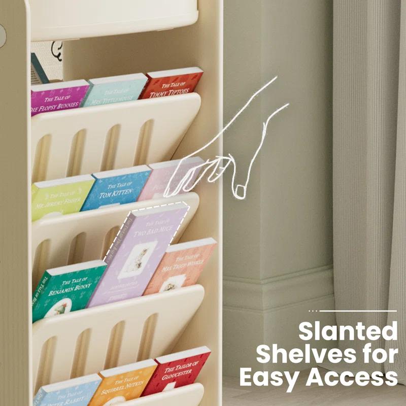 hoopyosms 6-Tier Double-Sided Kids Bookshelf With Wheels, Slanted Shelves & HDPE Material - Beige, Mobile Book Storage For Bedroom Or Playroom