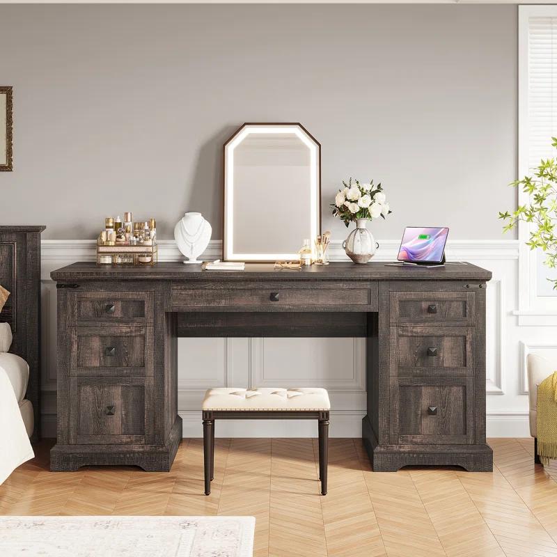 August Grove® 55'' W Computer Desk With Outlet, Farmhouse Executive Desk With 7 Drawers For Office Home