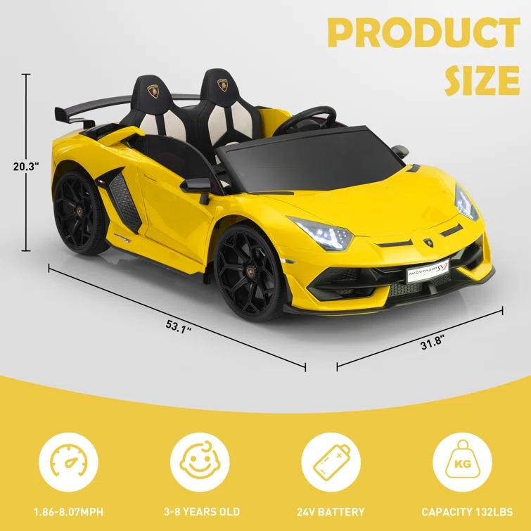 Tobbi 24V Lamborghini 2-seater Battery Powered Ride on with High/Low speed switch, Slow start function, Battery level display, MP3, USB, Light Drift Car for Kids 3-8