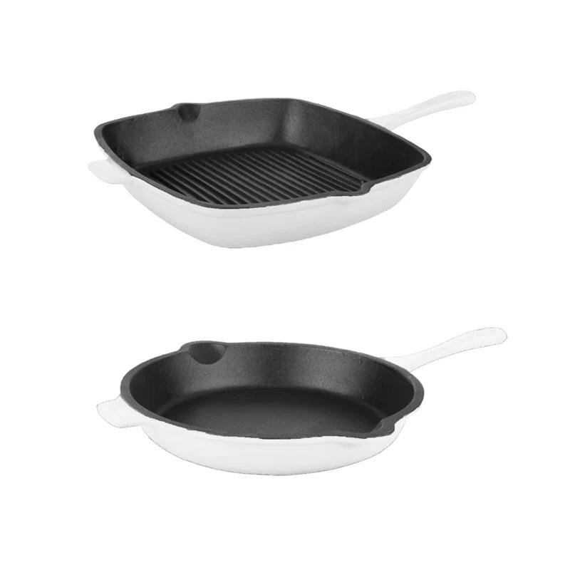 BergHOFF BergHOFF Neo 2 Piece Cast Iron Set, 10" Fry Pan and 11" Grill Pan, White