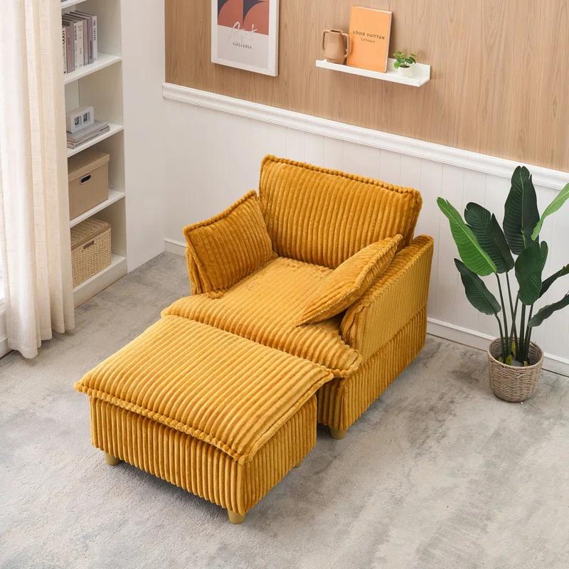 Everly Quinn This single-seat corduroy sofa comes with an ottoman and throw pillows