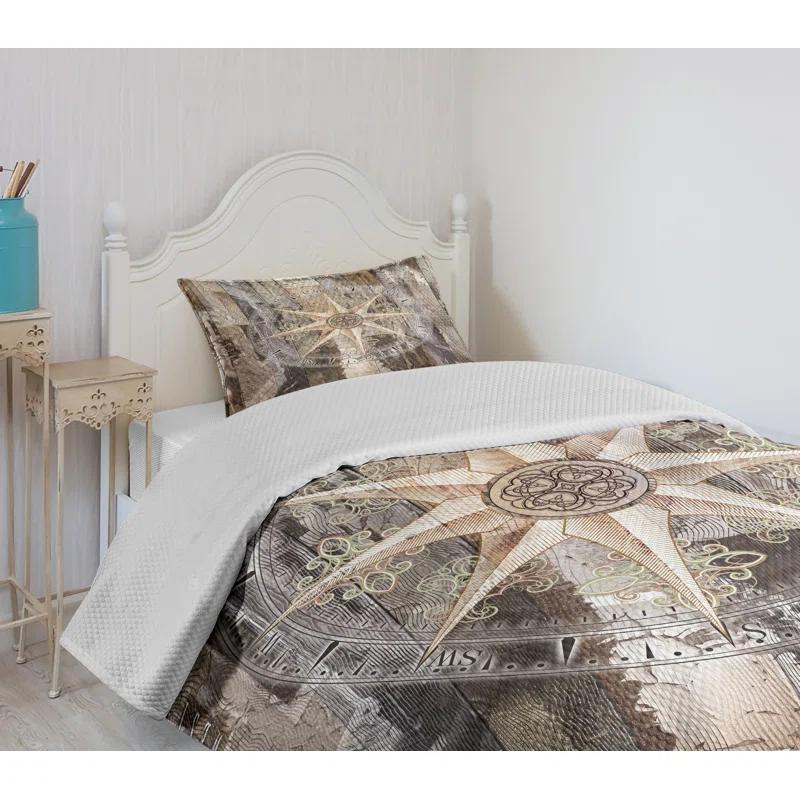 Ambesonne Ambesonne Marine Life Bedspread Set Compass Navy Ocean Brown