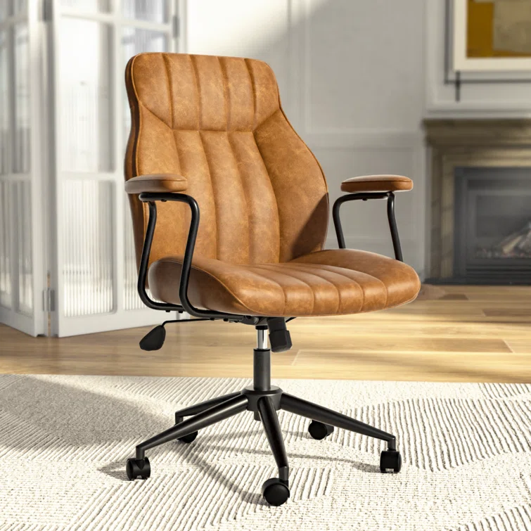 Latitude Run® Mid Century Modern Office Chair, Vintage Leather Desk Chair With Wheels and Arms, Home Office Task Chair