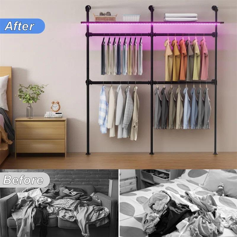 transparent.0 Industrial Pipe Hanger, Wall Mounted Industrial Hanger With LED Light And Shelf, Closet Hanger