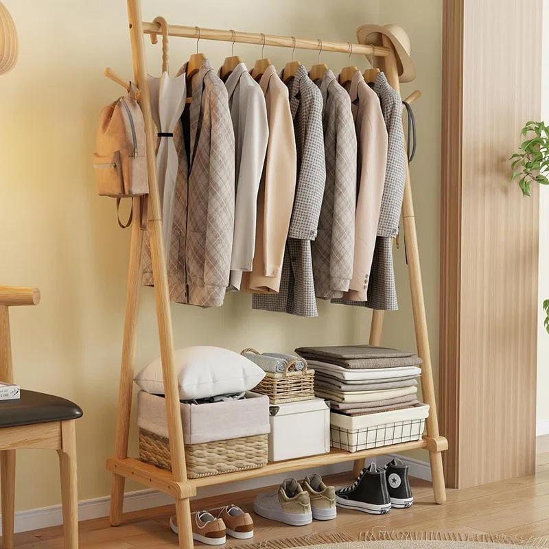 Rebrilliant Solid Wood Clothes Rack, Clothing Rack With Shelf And Hook, Sturdy And Portable, Garment Rack For Hanging Clothes,Coats,Skirts,Shoes,Bags,Easy To Assemble (Natural)