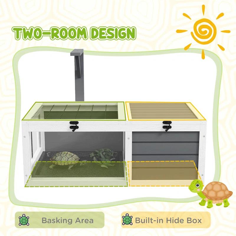 Tucker Murphy Pet™ Tortoise Habitat, Wooden Tortoise House, Indoor Outdoor Tortoise Enclosure With Lamp Holder, Pull-Out Waterproof Trays, Openable Lids, Gray