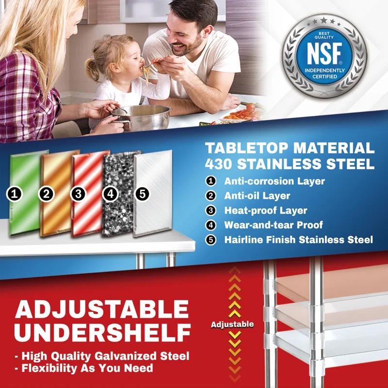 30 x 24 Inch Commercial Stainless Steel Workbench Table with Adjustable Under Shelf - NSF Certified