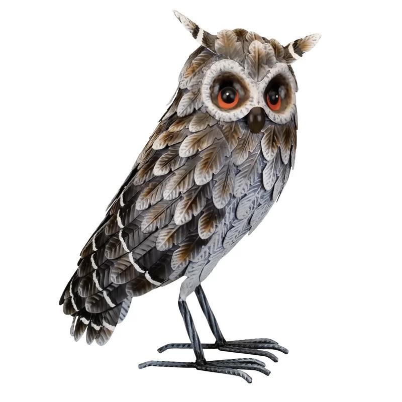 Gray and Brown Hand-Painted Standing Owl Sculpture