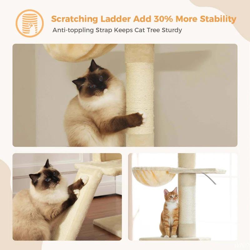 Adjustable Height Floor To Ceiling 5-Tier Tall Cat Tree Tower For Indoor Cats With Cat Condo, Cat Scratching Post And Cat Ladder