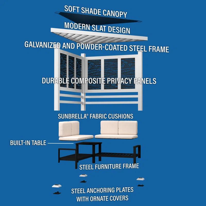 Backyard Discovery Backyard Discovery Ridgedale 12' x 8' Modern Galvanized Steel Cabana Corner Pergola with Shade Sail Canopy and Conversation Seating