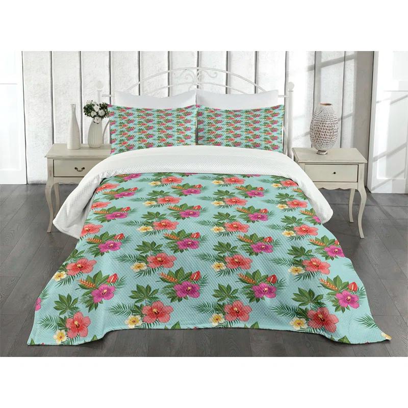 Ambesonne Ambesonne Hawaii Bedspread Set Blooming Hibiscuses Multicolor
