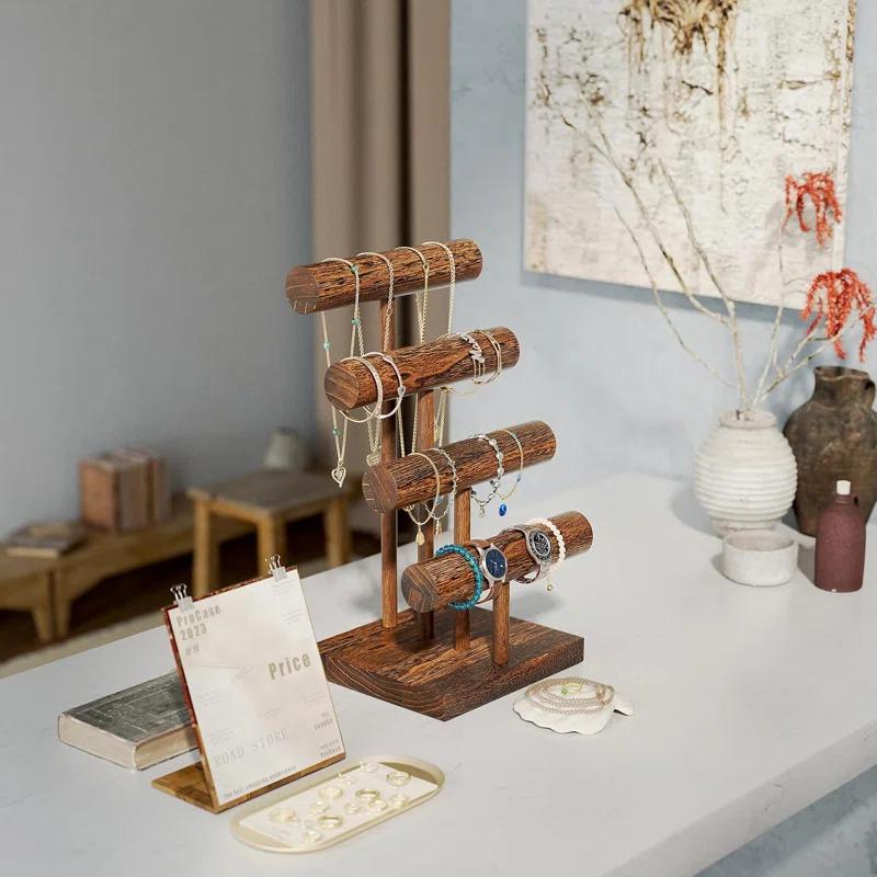 Gracie Oaks Bracelet Holder Display Bracelet Organizer, Wooden Bracelet Stand For Selling, T-Bar Bangle Storage Rack Wood Watch Display Tower For Business - 4 Tier, Brown | Wayfair