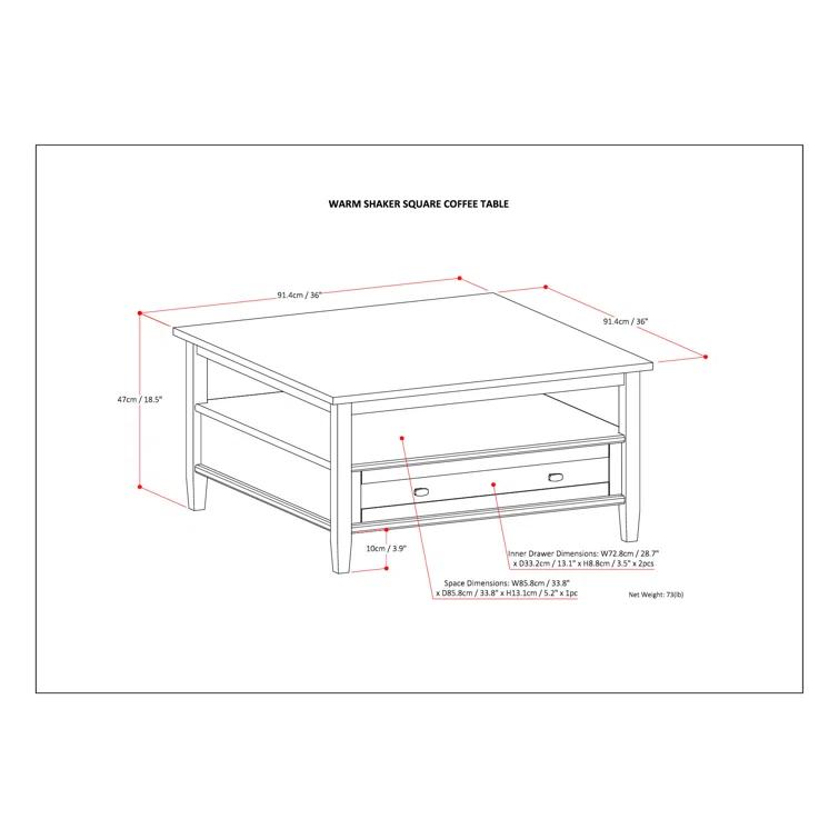 Simpli Home Warm Shaker 36"W Solid Wood Square Coffee Table with Two Drawers and Open Shelf