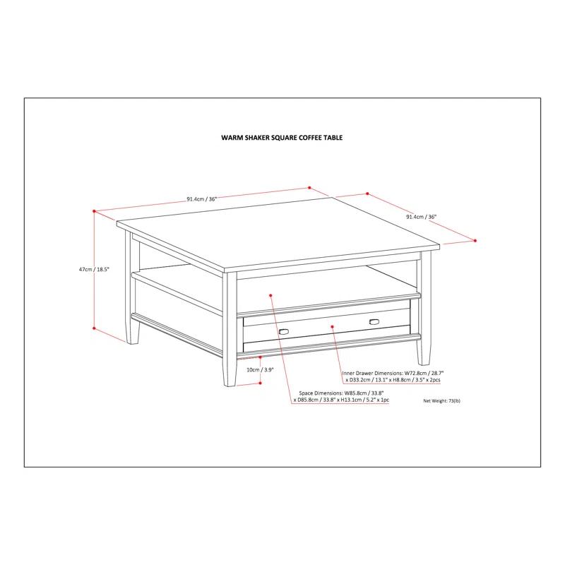 Simpli Home Warm Shaker 36"W Solid Wood Square Coffee Table with Two Drawers and Open Shelf