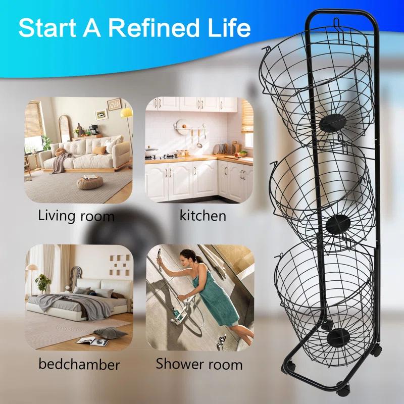 Rebrilliant 3-Tier Rolling Laundry Sorter Cart with Removable Metal Wire Baskets