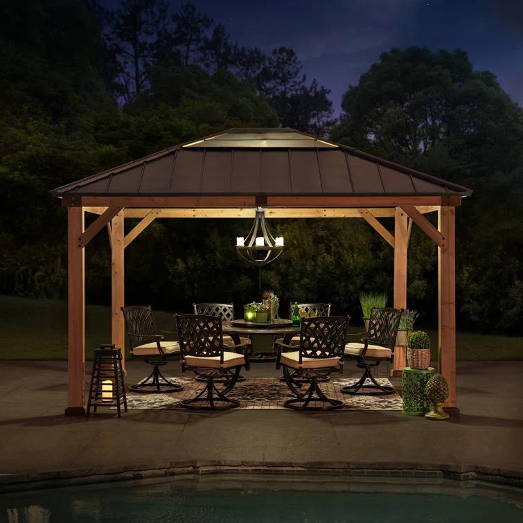 Sunjoy Sunjoy Hardtop Gazebo 11 x 13 ft. Upgrade Cedar Framed Wood Gazebos with Brown Steel and Polycarbonate Hip Roof Hardtop for Garden, Backyard Shade,