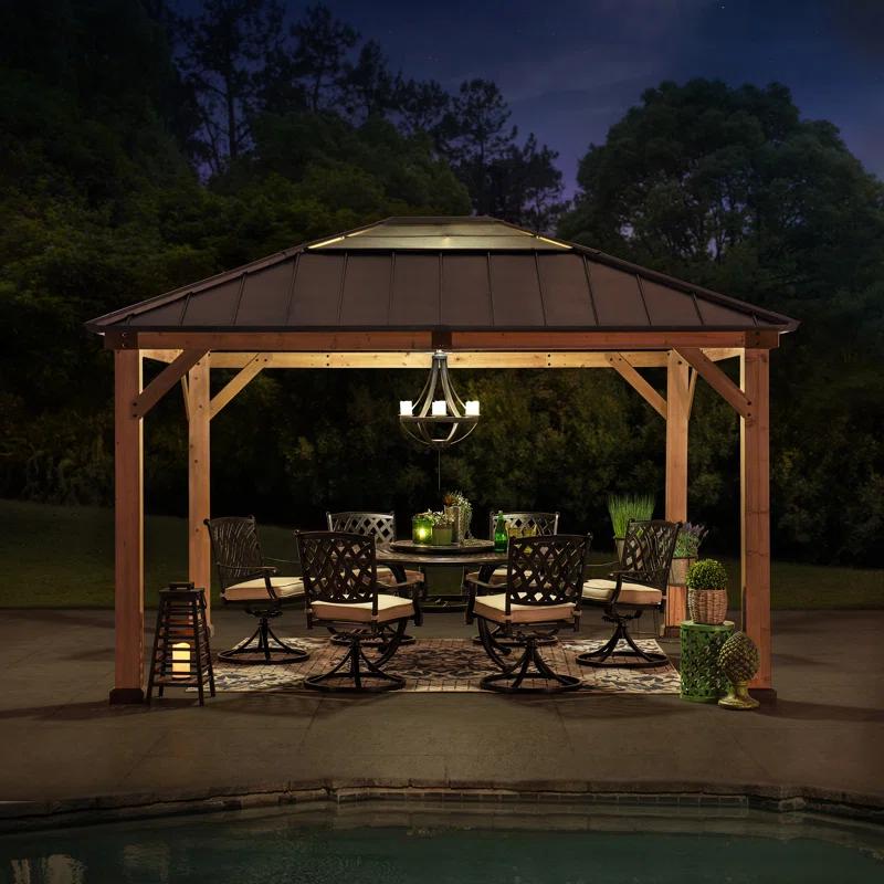 Sunjoy Sunjoy Hardtop Gazebo 11 x 13 ft. Upgrade Cedar Framed Wood Gazebos with Brown Steel and Polycarbonate Hip Roof Hardtop for Garden, Backyard Shade,