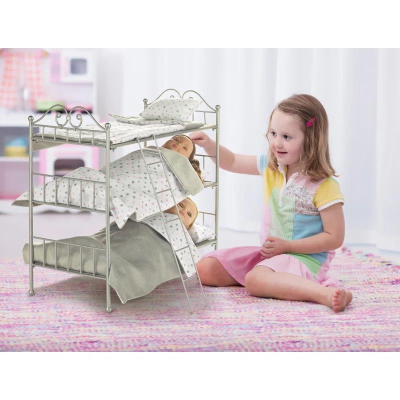 Badger Basket Scrollwork Triple Doll Bunk Bed with Ladder and Bedding