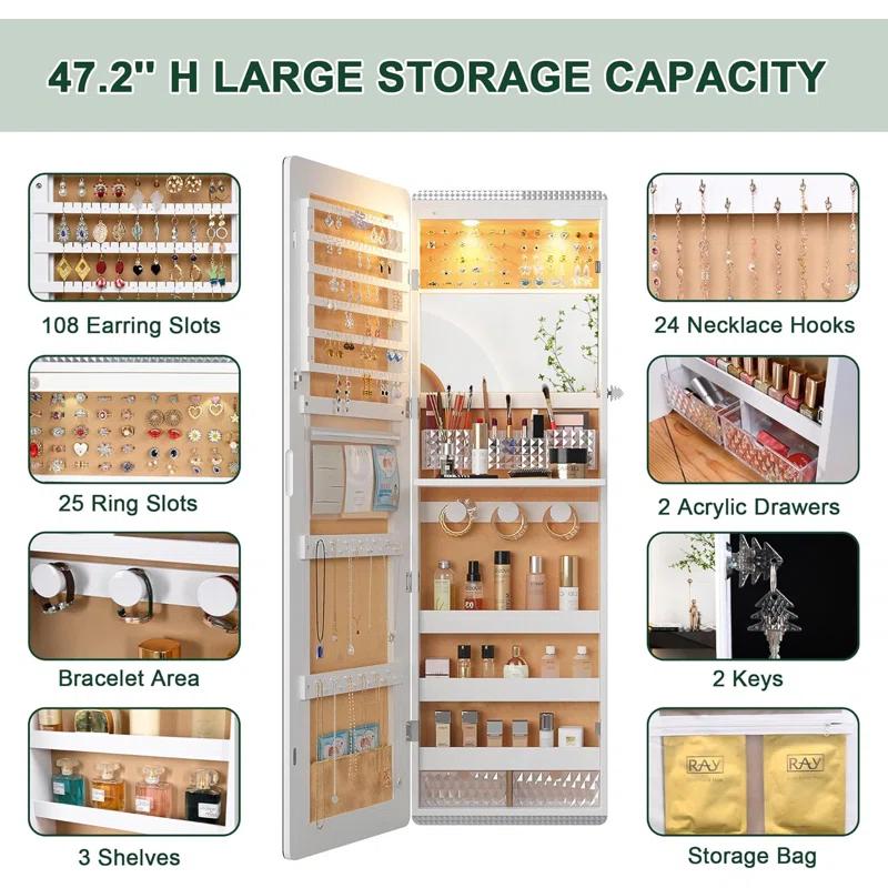 Hokku Designs LED Mirror Jewelry Cabinet,47.2" Wall Mounted Jewelry Organizer with Full-Length Mirror,Over The Door Hanging Jewelry Armoire Storage Cabinet,Folding Dresser,2 Drawers,Lockable, 3 Shelves(White)