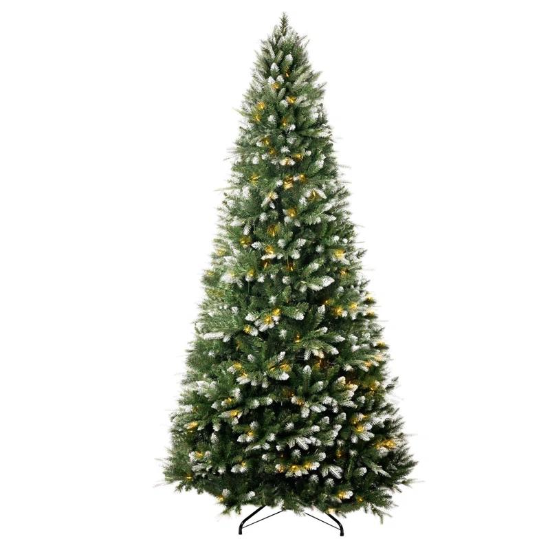 The Holiday Aisle® Traditional Pre-Lit Artificial Fir Christmas Tree, White Tip Warm Lighted Christmas Tree with Stand