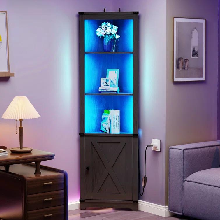 Gracie Oaks Aspenn 67" H Corner Bookcase with LED Light, Corner Storage Cabinet with Adjustable Shelf