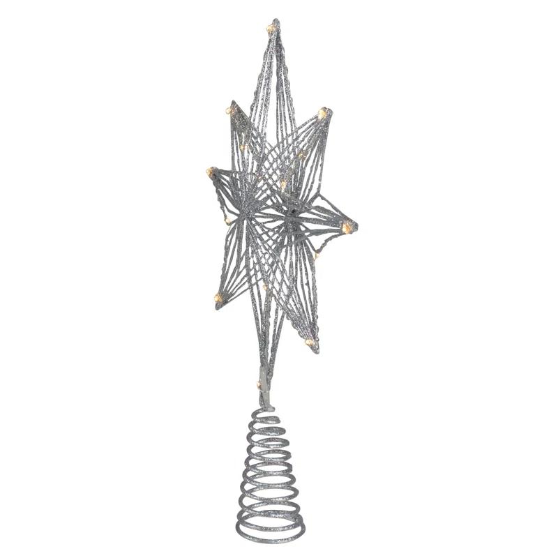 Northlight Seasonal 13.75" LED Lighted B/O Silver Glittered Geometric Star Christmas Tree Topper - Warm White Lights