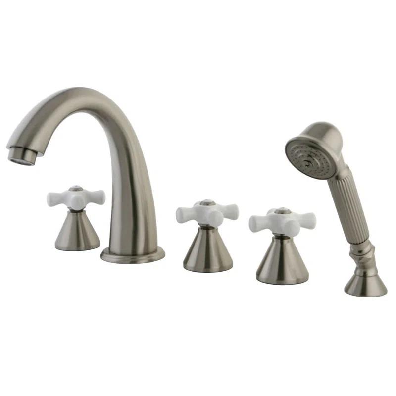 Kingston Brass Milano Three-Handle 5-Hole Deck Mount Roman Tub Faucet with Hand Shower