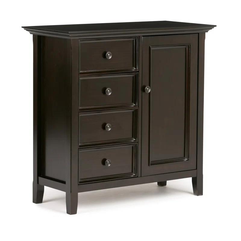 Simpli Home Amherst 32"W Solid Wood 2-Shelf Low Storage Cabinet with Adjustable Shelves and Tapered Legs