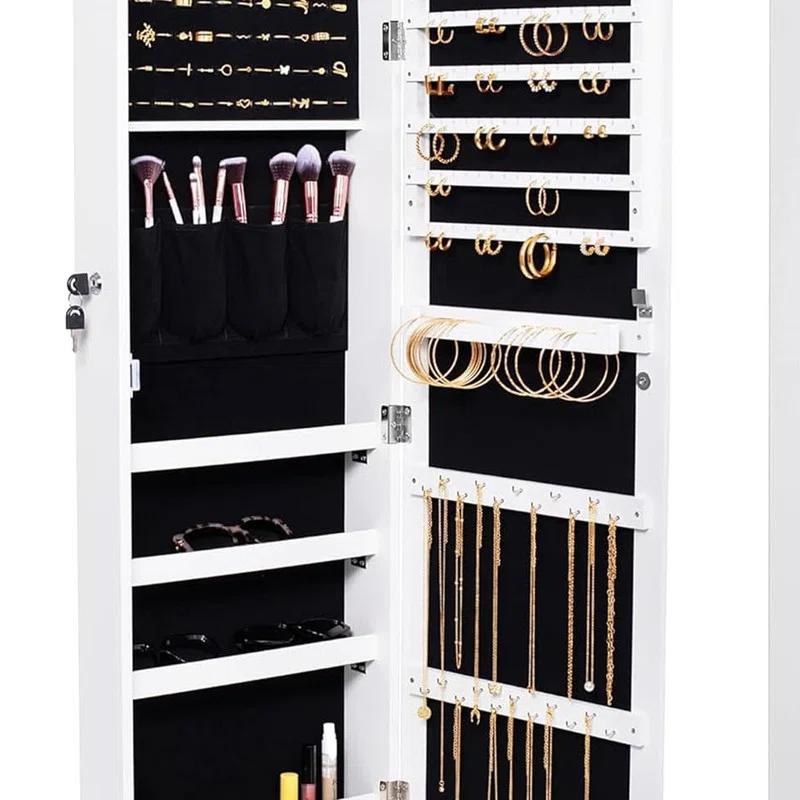 NIERBO Rustic Rectangular Wall-Mounted Jewelry Armoire With Built-In Lighted Mirror - Ultimate Jewelry Organizer For Women's Face Makeup - Perfect For Anniversary Gifts