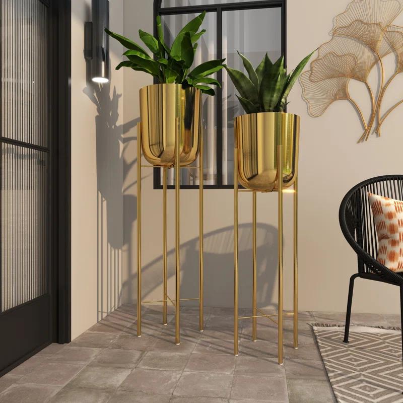 CosmoLiving by Cosmopolitan 2 - Piece Silver Metal Tall Indoor Outdoor Dome Indoor Outdoor Planter with Removable Stand Set