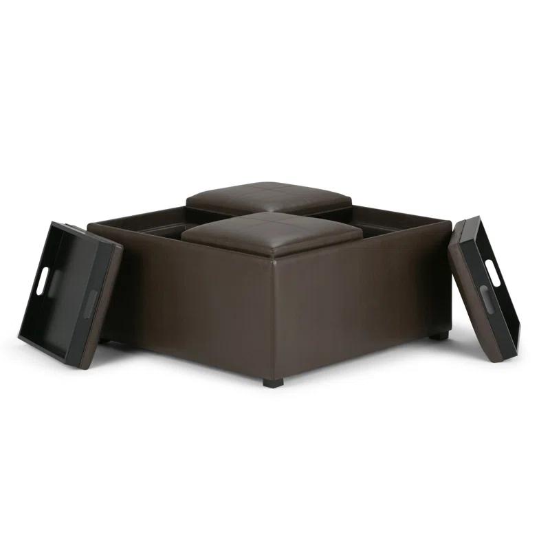 Simpli Home Avalon 35"W Upholstered Square Coffee Table Storage Ottoman with Flip-Over Trays