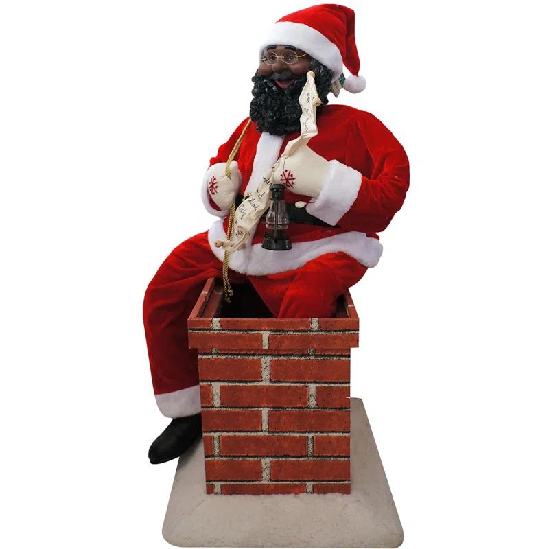 Fraser Hill Farm 48" Music and Motion African American Santa Claus in the Chimney, Life-Size Christmas Holiday Indoor Home Decor