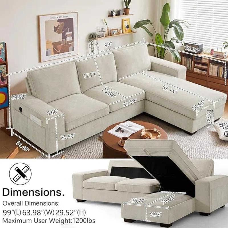 Latitude Run® ASHOMELI 99“ Convertible Sectional Sofa,L Shaped Couch,Multi-Functional Reversible Sofa With USB And Type-C Charging Ports, Storage Space, Breathable Fabric (Beige)