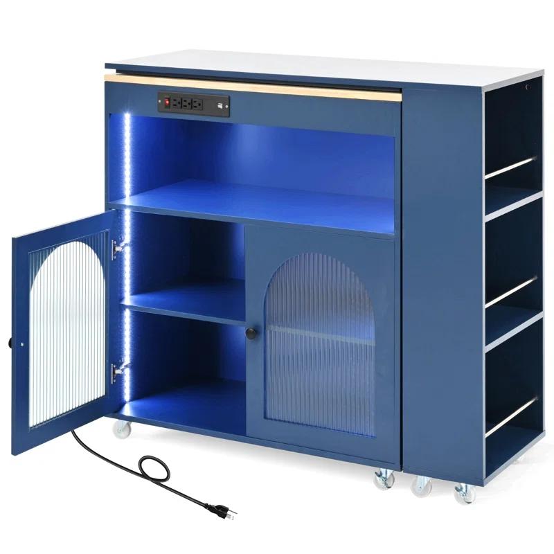 Winston Porter Rolling Kitchen Island With Extended Table, Kitchen Island On Wheels With LED Lights,Power Outlets And 2 Fluted Glass Doors, Kitchen Island With A Storage Compartment And Side 3 Open Shelves