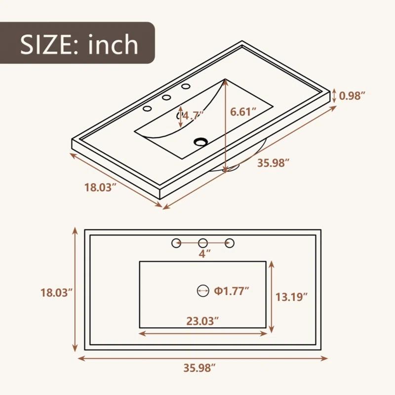 Tech Cube TCYX05543A 36" Single Bathroom Vanity Top With White Basin, 3-Faucet Holes, Ceramic, White
