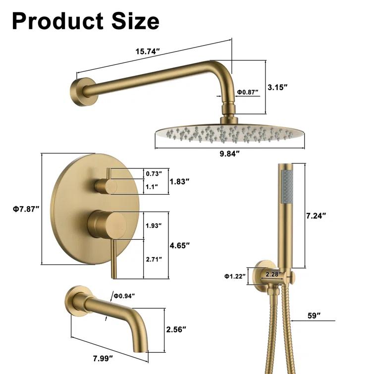 clihome Luxury Wall-Mounted 3-Function Shower System Solid Brass Mixer Valve, 1.8 GPM Flow & Dual Showerheads with Rough-in Valve DM6612GNI