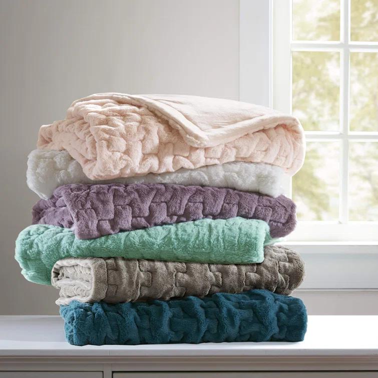 Madison Park Teal Ruched Fur Throw 50x60"