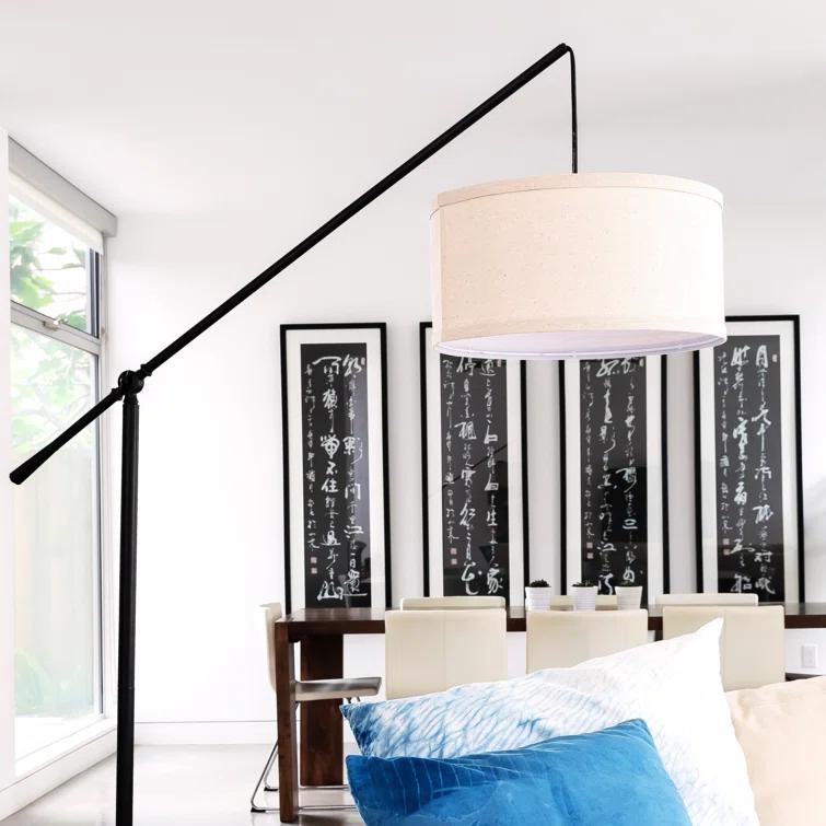 Brightech Hudson 70 in. Modern Height Adjustable LED Floor Lamp with Beige Fabric Drum Shade