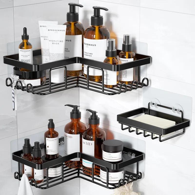 Rebrilliant 3-Pack Corner Adhesive Shower Caddy with Soap Holder & 12 Hooks, Stainless Steel