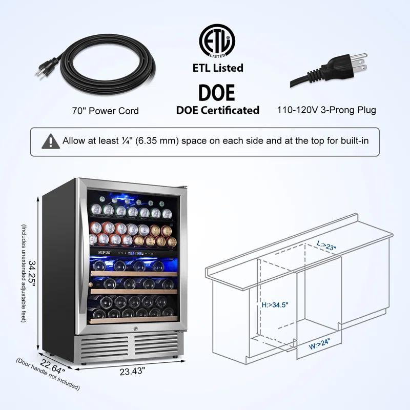 Nipus 24 Inch 94 Can and 27 Bottle Dual Zone Wine & Beverage Refrigerator Freestanding Built-in Beer and Drink Cooler with Glass Door For Kitchen, Bar or Office Classic Series