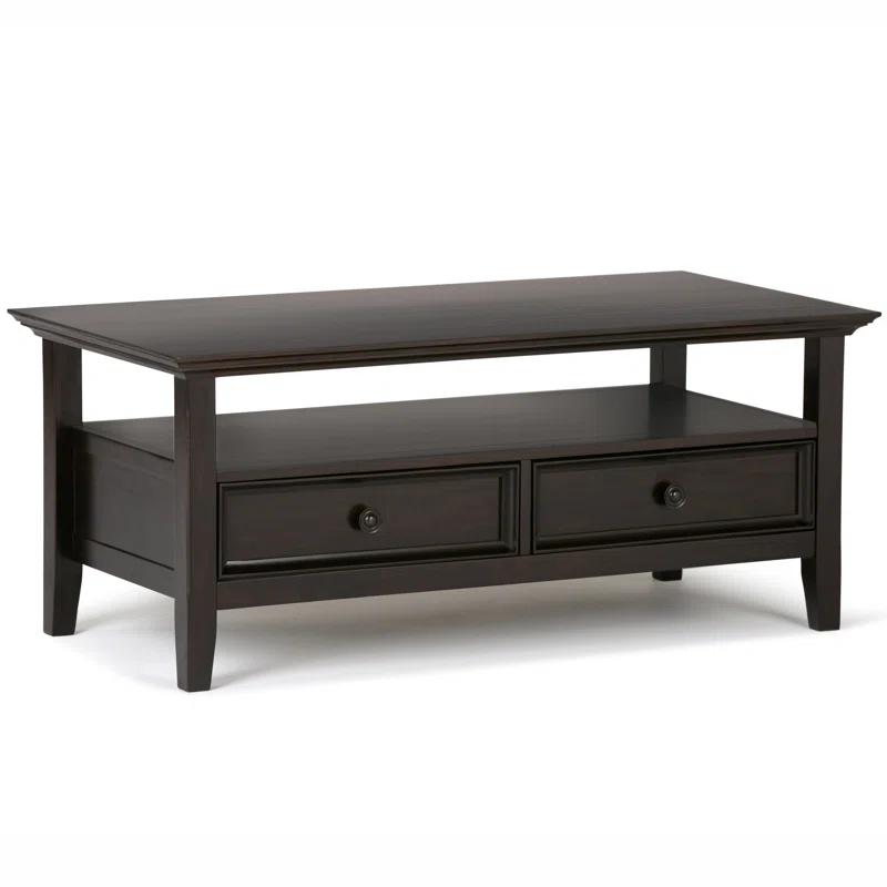 Simpli Home Amherst 44"W Solid Wood Transitional Coffee Table with Open Shelf and 2 Drawers