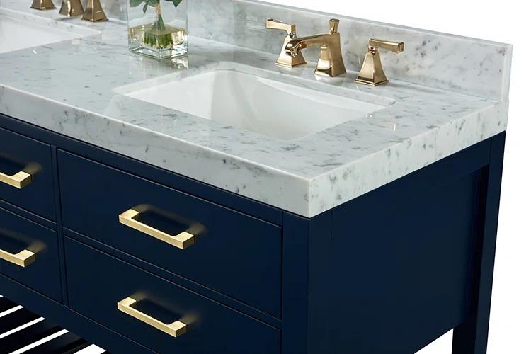 Ancerre Designs Elizabeth 48 in. Bath Vanity Set in White with Italian Carrara White Marble Vanity top and White Undermount Basin with Gold Hardware and 28 in. White Mirror | Perigold
